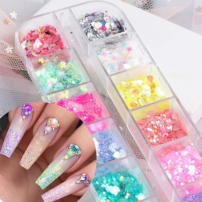 12 Colors Nail Art Sequins Mermaid Iridescent Nail Glitter Flakes Design Holographic Acrylic Nails Supplies for Nail Art Gel Polish Nail Art Powder Women Girls Manicure Tips 3D Charms Decoration