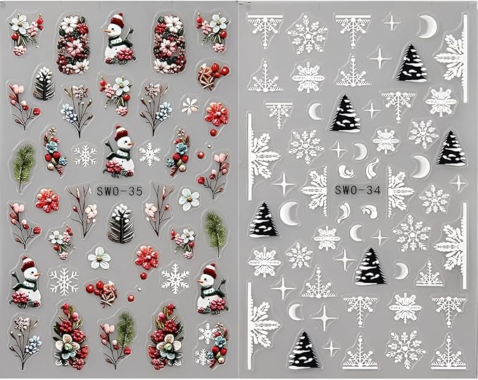 Christmas Nail Art Stickers Decals 5D Embossed Nail Decals Snowman Christmas Tree Snowflake Holiday Nail Stickers for Nail Art Xmas Nails Design Christmas Nails Supplies for Women Girls