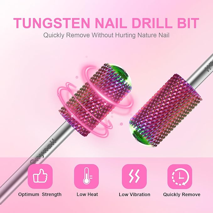 3/32" 2PCS Large Barrel Smooth Round Top Tungsten Carbide Nail Drill Bit Safety Bit for Gel & Acrylic Removal, 2-Way Rotating Efile Tip, Salon Electric File Accessory (M Grit, Multicolor)