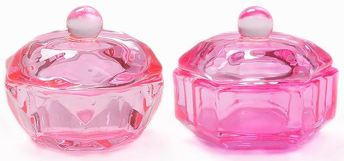 2 Pcs Pink Glass Nail Art Cups Nail Dipping Jars Nail Dappen Dishes Bowls Nail Powder Holders Nail Liquid Containers with Lid Nail Salon Supplies Hexagon Nail Art and Polish