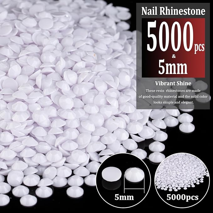 5000pcs 5mm Resin Rhinestones Bulk, White Flatback Round Jelly Rhinestones Bedazzling Non Hotfix Crystal Gems Large Quantity Wholesale for DIY Crafts Clothes Bottles Tumblers Face Makeup Manicure