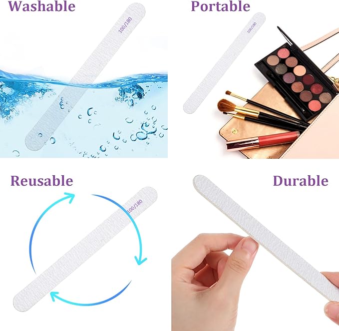 200Pcs 100/180 Grit Nail Files, Professional Double Sided Emery Board for Natural and Acrylic Nails, Reusable Fingernail Files Bulk, Manicure Tools for Salons Home Pedicure Beauty