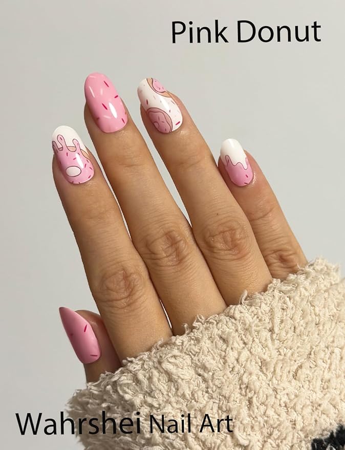 Semi Cured Gel Nail Strips, 20pcs Pink Donut Gel Nail Stickers UV for Home Nails DIY