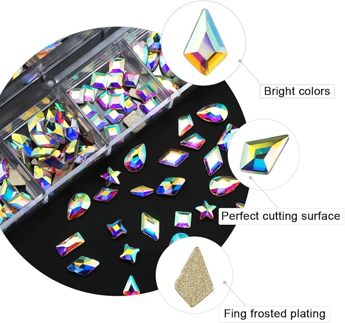Crystal AB Rhinestones for Nails, 240pcs Multi Shape Flatback Jewels Iridescent Color With Shiny 16 Cutting Facets Quality Rhinestones for Makeup Clothes Bags Jewelry