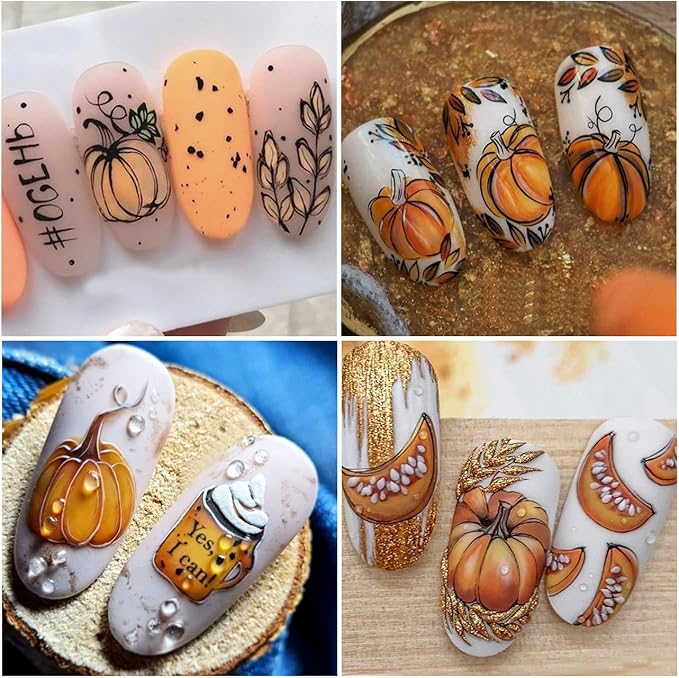 Fall Nail Stickers Decals 12 Sheets Autumn Leaves Nail Art Decals Pumpkins Drinking Maple Leaves Flower Nails Design 3D Self-Adhesive Holiday Thanksgiving Sliders Manicure Nail Decoration