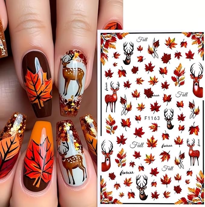 Fall Nail Art Stickers 6PCS Autumn Maple Leaf Nail Decals Fallen Leaves Elk Design 3D Self-Adhesive Nail Art Supplies Fall Leaf Deer Nail Accessories for Women Thanksgiving Day DIY Manicure Decoration