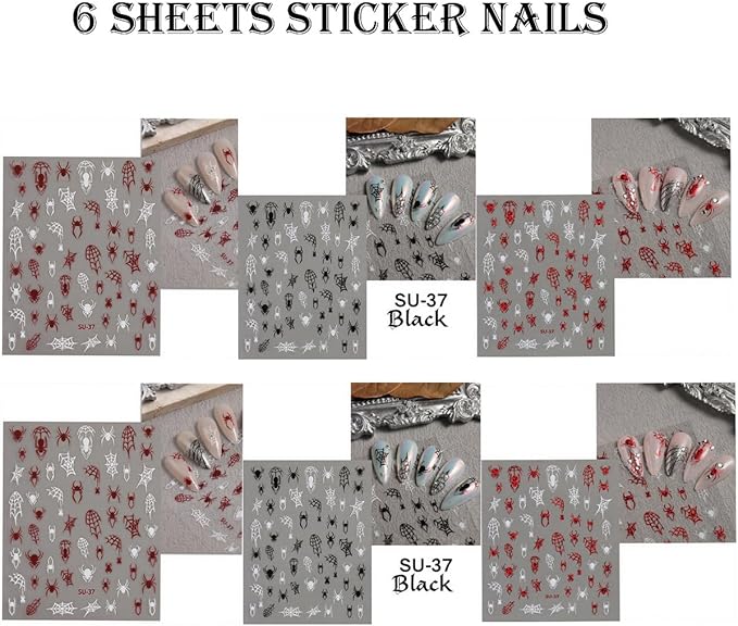 6Pcs Halloween Nail Stickers Spider Web Nail Decals DIY Self Adhesive Cobweb Nail Design Halloween Nail Decoration Supplies Holiday Manicure Accessories for Women Girls Supplies