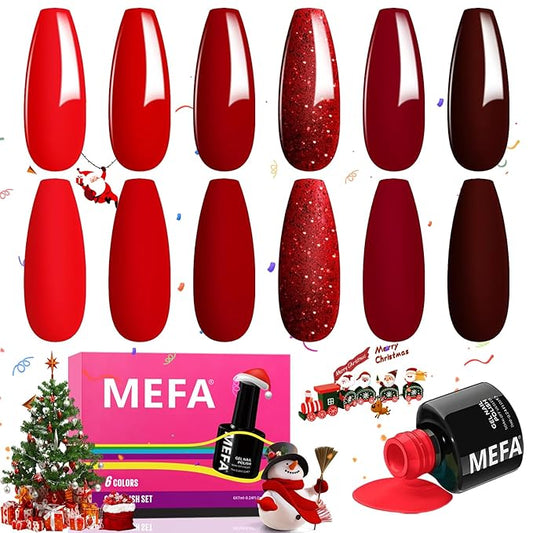 MEFA Red Gel Nail Polish Set, 6 Colors Christmas Gel Polish Kit Popular Burgundy Glitter Nail Polish Soak Off Rose Dark Red Shimmer DIY Home Salon Manicure Gifts for Women Girls 2025