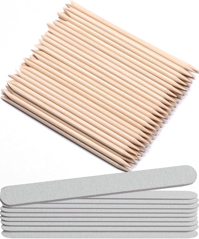 110 PCS Orange Wood Nail Sticks & Professional Double Sided 100/180 Grit Nail Files Emery Board Black Manicure Pedicure Tool White