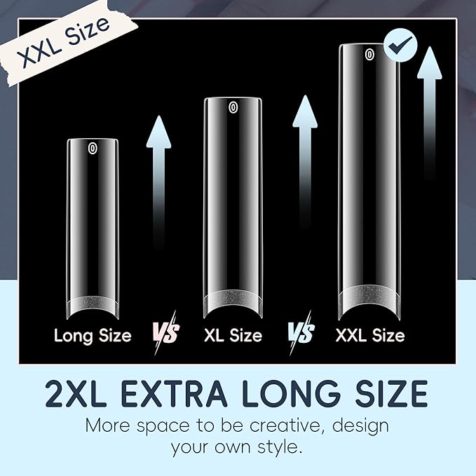 XXL Nail Tips Square 120 Pcs 12 Sizes - No C Curve Flat Square Pre-buff 2XL Half Cover Tapered Gel Acrylic Nail Tips False Nails Gelly Tips for DIY Nail Art Salon