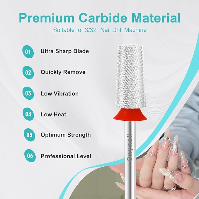 3/32" Large Tapered Barrel Flat Bit Tungsten Carbide Nail Drill Bit Safety Bit for Gel & Acrylic Removal, 2- Way Rotating Efile Tip, Salon Electric File Accessory (F Girt, Silver)