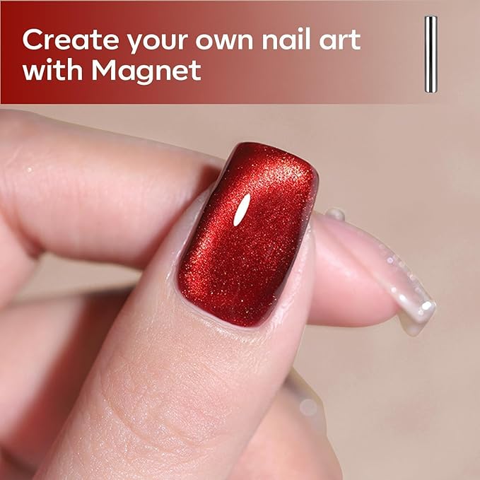 modelones Red Cat Eye Gel Nail Polish Set, 2PCS 15 ML Magnetic Glitter Holographic Red Ruby Glass Polish Reflective Jelly Translucent UV Gel Manicure Art DIY Salon Christmas Gift for Girl Women