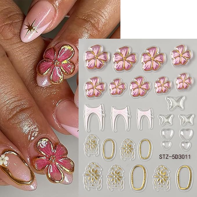 Flower Nail Stickers 5D Embossed Cherry Blossom Nail Decals Pink Floral Gold Star French Nails Art Stickers Cute Nails Supplies Spring Flower Manicure Decoration Accessories Charms for Women Girl 4Pcs