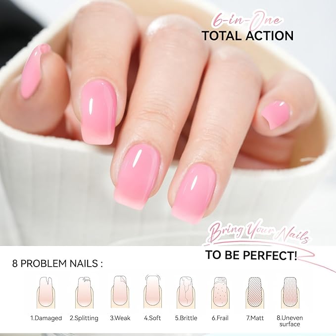 Nail Polish Strengthener and Growth Treatment: Pink Gelike EC 6 in 1 Natural Nail Hardener Extra Strong and Growth - Long Lasting Nail Repair for Damaged Nails - For Daily Work Home Salon