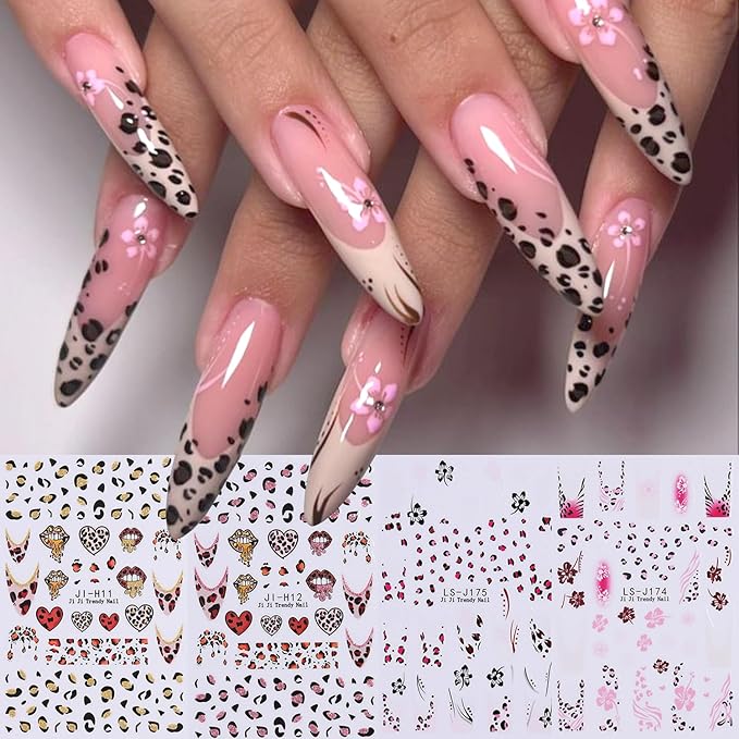 4Sheets Leopard Print French Tip Nail Art Stickers 3D Hibiscus Flower Nail Decals Self-Adhesive Leopard Print Nail Stickers with Glitter Design Lips Heart Sticker for Women Nails Decor