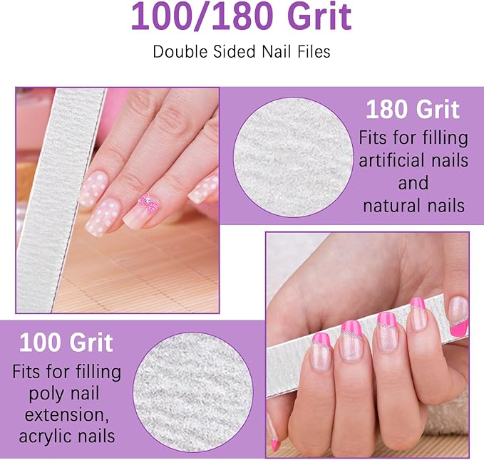 200 Pcs Nail Files 100/180 Grit Double Sides Emery Boards Reusable Nail Files for Acrylic Nails Professional Manicure Tools for Natural Nails Acrylic Nails Home and Salon Supplies