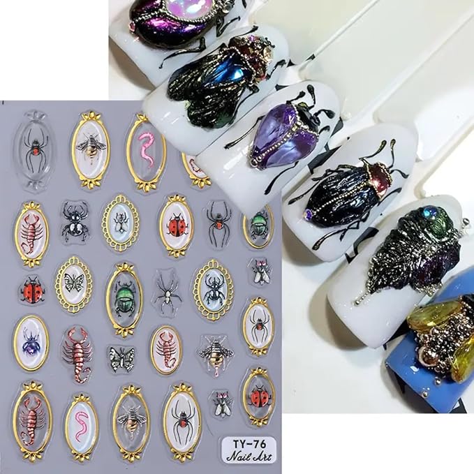 Insect Nail Art Stickers Decals 5D Embossed Nail Art Decals 5D Nail Stickers Amber Spider Ladybug Scorpion Butterfly Insect Nails Designs Cute Halloween Nail Accessories for Acrylic Nails Decorations