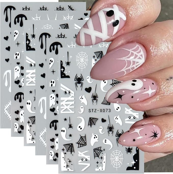 Halloween Nail Art Stickers Halloween Ghost Spider Web Nail Decals 6PCS Cute Ghost Love Heart Spider Web Boo Spider Blood Drip Self-Adhesive Nail Art Supplies Manicure Stickers for Holiday Nail Design