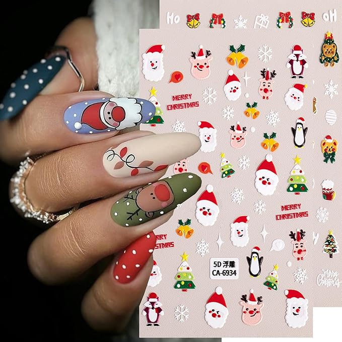 6Sheets Cute Christmas Nail Art Stickers 5D Embossed Cute Santa Claus Elk Designs Nail Decals Self-Adhesive Snowman Snowflake Nail Sticker Xmas Tree Gingerbread Man Nail Decal for Women Nails Decor