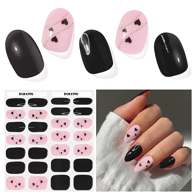 Semi Cured Gel Nail Strips, Black Heart | 28 pcs Gel Nail Strips Work with Any UV Lamp, Salon Quality UV Nails Stickers, Easy to Apply for Home Nails DIY