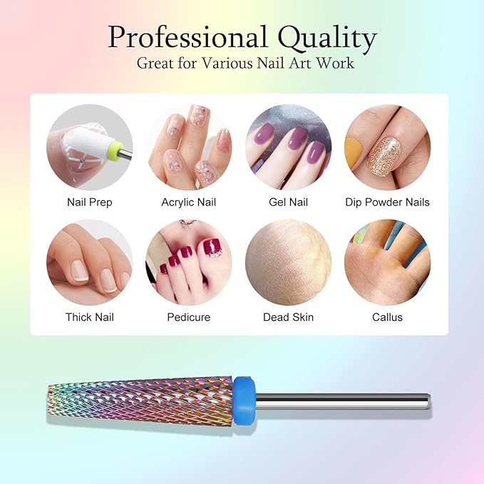 Super Long 5 in 1 Nail Drill Bits, Professional 3/32'' Carbide Tungsten Two Way Rotary Nail Cleaner Nail Bits, Suitable for Manicure Pedicure Cuticle Gel Polishing Acrylic Nails(Rainbow, Medium-M)