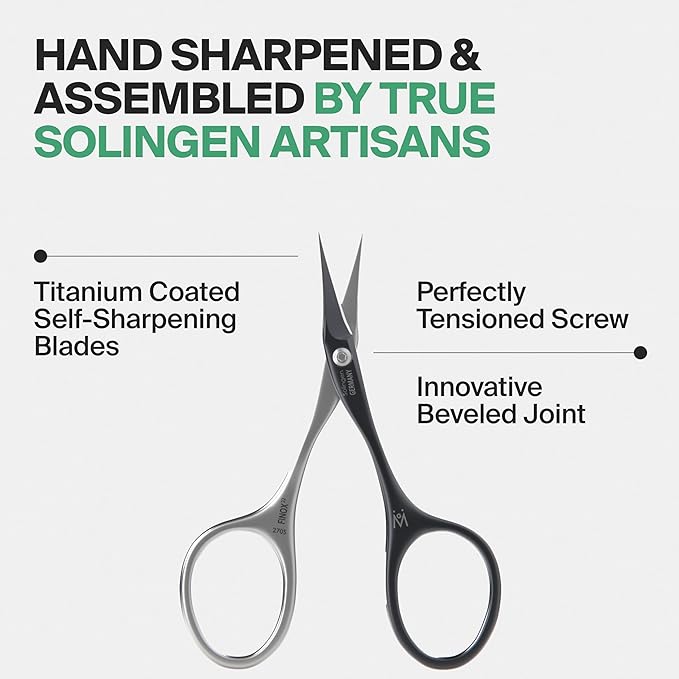 GERMANIKURE Tower Point Cuticle Scissors - Self-Sharpening FINOX22 Titanium Coated Stainless Steel Professional Grooming Scissors in Cork Case - Ethically Made in Solingen Germany - 2705