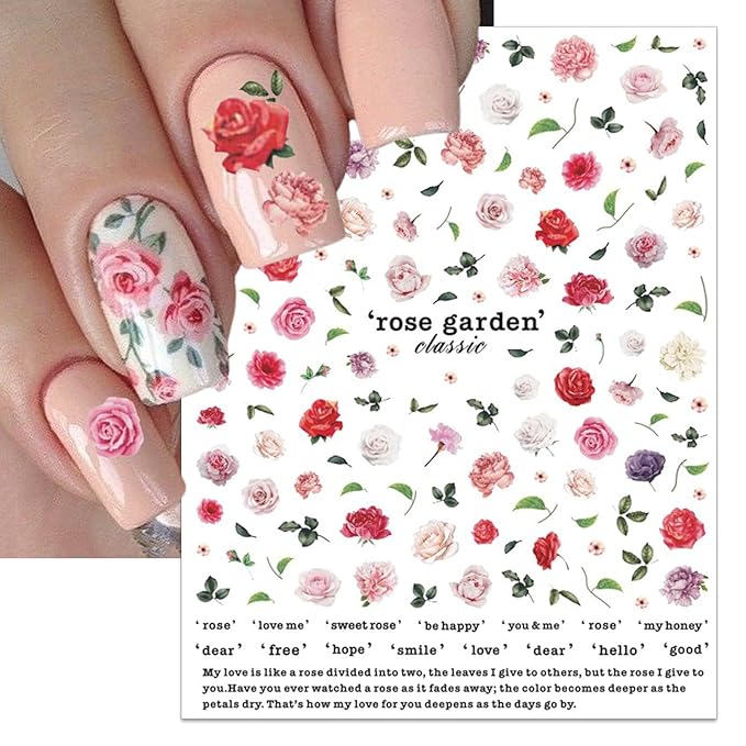Rose Flower Nail Art Stickers - Pink Floral Leaf Self-Adhesive 3D Nail Decals for DIY Spring Summer Manicure (6 Sheets)