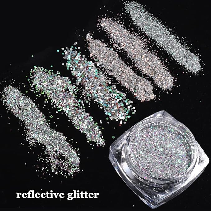 Reflective Nail Powder - 6 Boxes Sparkling Diamond Glitter for Nails, Iridescent Sequins, Holographic Super Bright Pigment Dust, Nail Art Decor