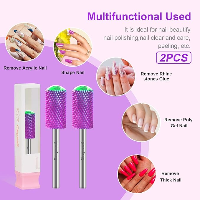 3/32" 2PCS Large Barrel Smooth Round Top Tungsten Carbide Nail Drill Bit Safety Bit for Gel & Acrylic Removal, 2-Way Rotating Efile Tip, Salon Electric File Accessory (M Grit, Purple)