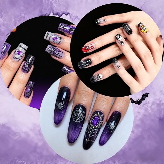 Allstarry Halloween Nails Stickers, 6 Sheets Halloween Nail Decals 5D Embossed Bone Skeleton Skull Spider Ghostface Ghost Nail Stickers Spooky Horror Nails Decals for Women Gifts Nail Art