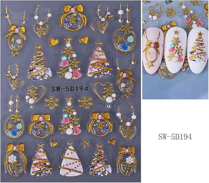 5D Embossed Christmas Nail Stickers for Nail Art - Gold Glitter Nail Art Stickers Xmas Tree Elk Deer Nail Decals Cartoon Nail Supplies for Women DIY Christmas Decorations 2 Sheets