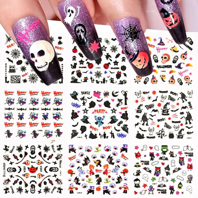 30 Sheets Halloween Nail Stickers Pumpkin Ghost Face Nail Charms Decals 3D Self Adhesive Spider Web Cat Bat Manicure Art Sticker for Acrylic Nails DIY Decorations