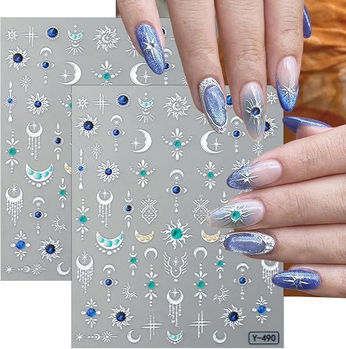 6 Sheets Retro Sun God Star Nail Art Stickers Decals Gold Silver Sun God Star Moon Nail Stickers Design Sparkling Heart Diamond Nail Decals for Women DIY Manicure Nail Decoration Supplies