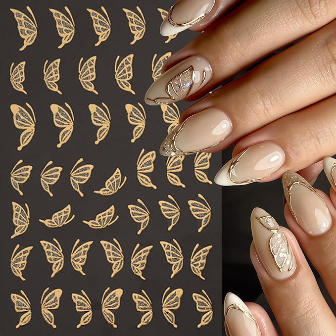 8 Sheets Fall Nail Art Stickers Maple Leaf Nail Decals 3D Self-Adhesive Glitter Gold Flower French Butterfly Nail Design Nail Supplies Thanksgiving Holiday Nail Art Decoration for Women Manicure Tips