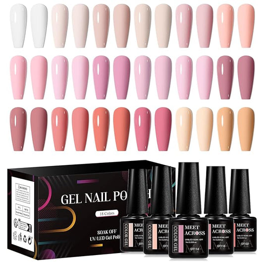 MEET ACROSS 18pcs Gel Nail Polish Set Soak Off UV LED Lamp Gel Nail Polish Kit (SET-9, 18pcs)