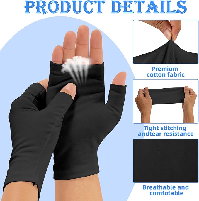 6 Pairs Cotton Gloves Eczema, Cotton Eczema Gloves for Women and Men, Touchscreen Fingerless Black Gloves for Art Handling, Fingerless Moisturizing Gloves for Dry Hands Overnight Skin Protect (Black)