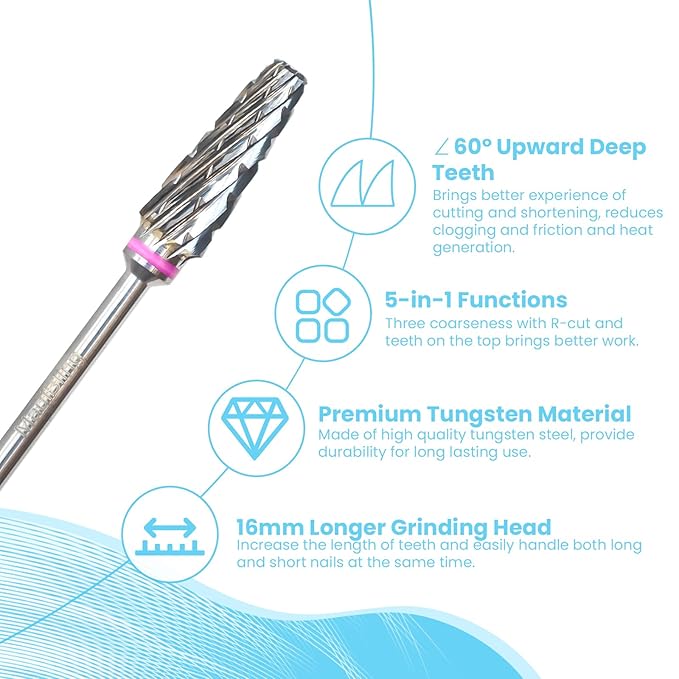 Super Cut 5 In 1 Nail Drill Bits, Tapered Barrel 3/32'' Safety Tungsten Bits, Upward Cut for Hard Gel Removal, Right Hand Use, Manicure Cuticle Gel Polishing, Technicians Bits, Triple Coarse.