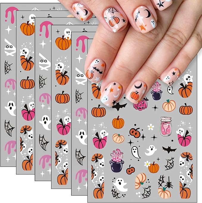6 Pcs Halloween Nail Art Stickers,3D Self-Adhesive Nail Decals Ghost Cute Pumpkin Bat Cat and Skull Designs Nail Decorations Halloween DIY Manicure Supplies for Women Girls