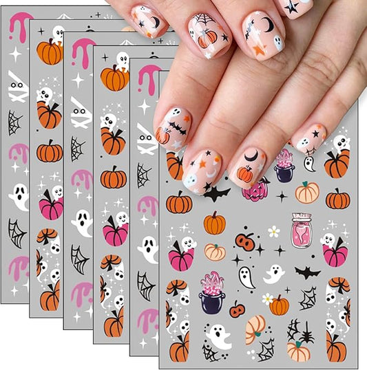 6 Pcs Halloween Nail Art Stickers,3D Self-Adhesive Nail Decals Ghost Cute Pumpkin Bat Cat and Skull Designs Nail Decorations Halloween DIY Manicure Supplies for Women Girls