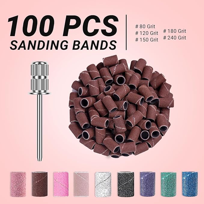 MelodySusie 100 Pcs Nail Drill Bits Sanding Bands for Nail Drill 120 Medium Grit Nail File Sanding Bands for Acrylic Nails Gel Manicures and Pedicure