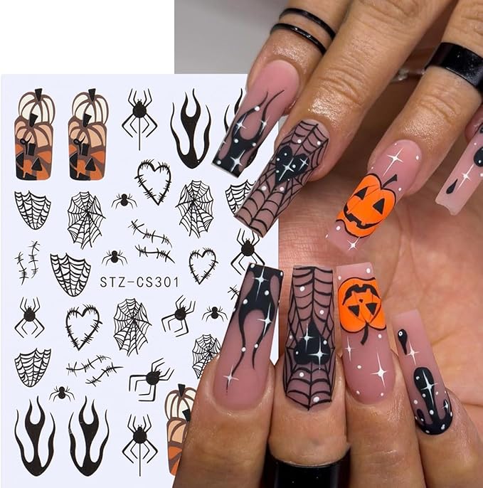 6 Sheets Halloween Nail Art Stickers Spider Web Nail Decals Pumpkin Ghost Nail Stickers Bat Heart Line Flame Nail Sticker for Nail Art 3D Self Adhesive Holiday Manicure Supplies for Women