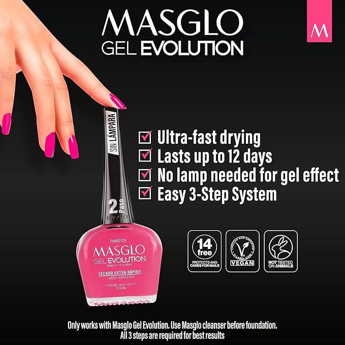 MASGLO Gel Evolution – Set of 3 Nail Polishes No UV/LED Lamp Needed, Fast-Drying, 12-Day Wear, 14-Free Formula, High-Gloss Finish, vegan (0.5 oz Each)