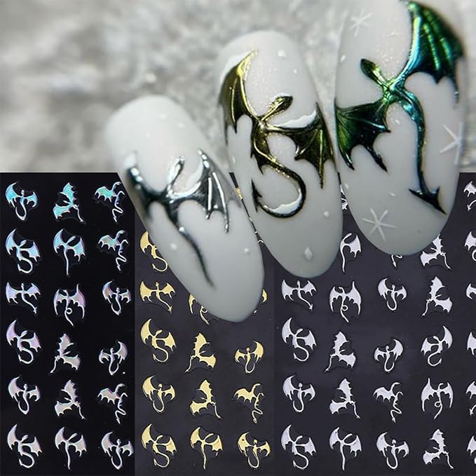 6 Sheets Halloween Bat Nail Stickers for Nail Art Glitter Laser Gold Silver Nail Decals 3D Self-Adhesive Gothic Dragon Nail Design Stickers Holiday Nail Art Supplies for Women DIY Women