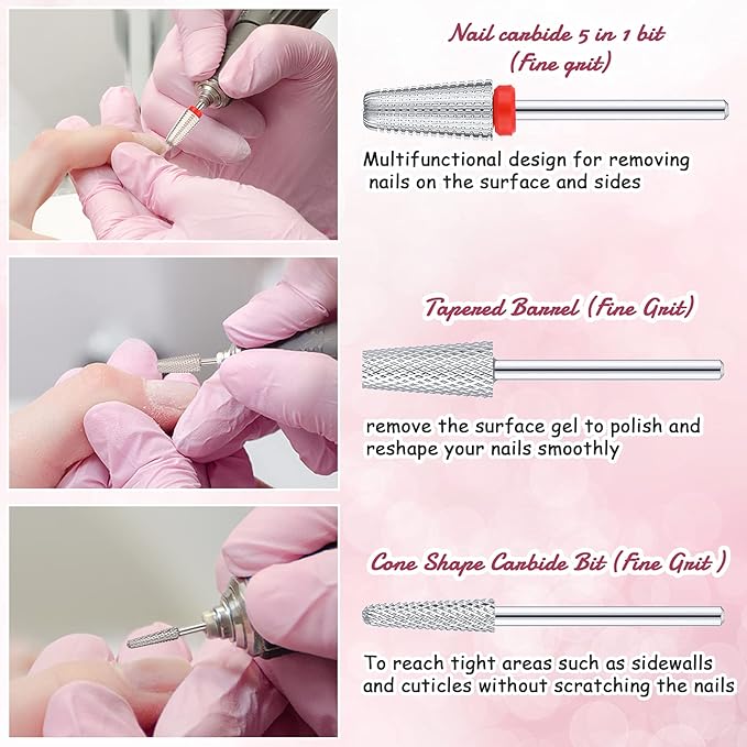 Outus 3 Pieces Nail Carbide 5 in 1 Tapered Barrel Carbide Nail Drill Bit Set, 3/32 Inches Cone Shape Bit for Acrylic or Gel Remover (Silver)