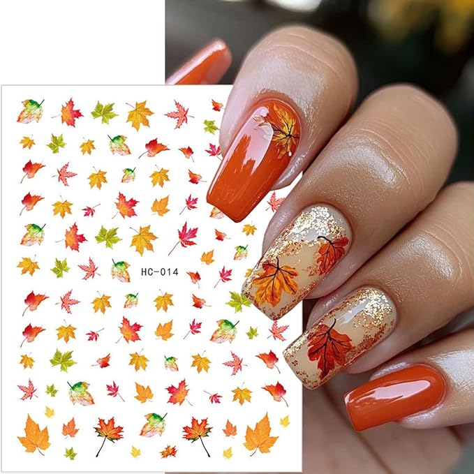 8 PCS Fall Nail Stickers for Nail Art 3D Self Adhesive Autumn Maple Leaf Design Nail Art Decals Thanksgiving Day Salon Accessories Cute Manicure Sticker for Women Holiday DIY Acrylic Nails