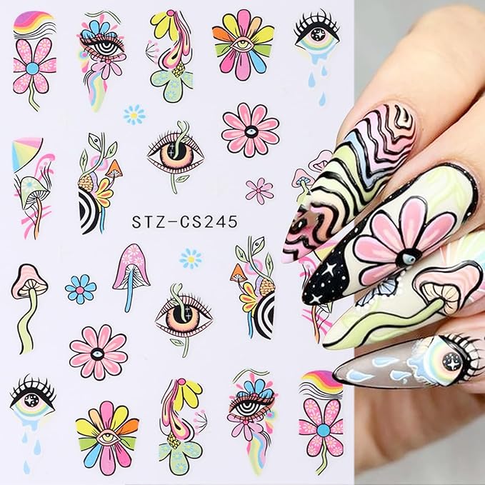 8 Sheets Nail Art Stickers Graffiti Flower Evil Eye 3D Self-Adhesive Nail Decals Rainbow Mushroom Star Moon Designs Nail Decorations Summer Nail Stickers Colorful Nail Supplies for Women DIY Manicure