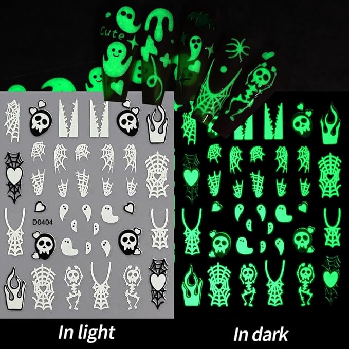 6 Sheets Halloween Glow in The Dark Nail Art Stickers 3D Self-Adhesive Luminous Ghost Nail Stickers Halloween Scary Ghost Skull Spider Bat Fluorescent Designs Nail Decals for Women Nail Decoration