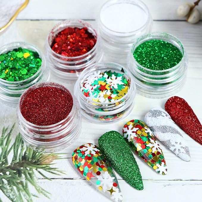 Christmas Nail Art Glitters Sequins, 12Boxes Winter Nail Art Decoration Flakes 3D Snowflake Nail Decals Red Green Nails Art Designs Holographic Christmas White Snowflake Glitters for Nails Decorations