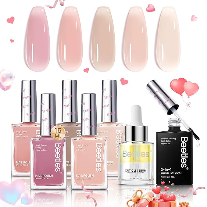 Beetles Pink Nail Polish Set, 5 Colors Nude Pink Jelly Collection Quick Dry Long Lasting Nail Polish Base & Top Coat and Cuticle Serum Kit Spring DIY Care for Nail Home Gift Sets For Women