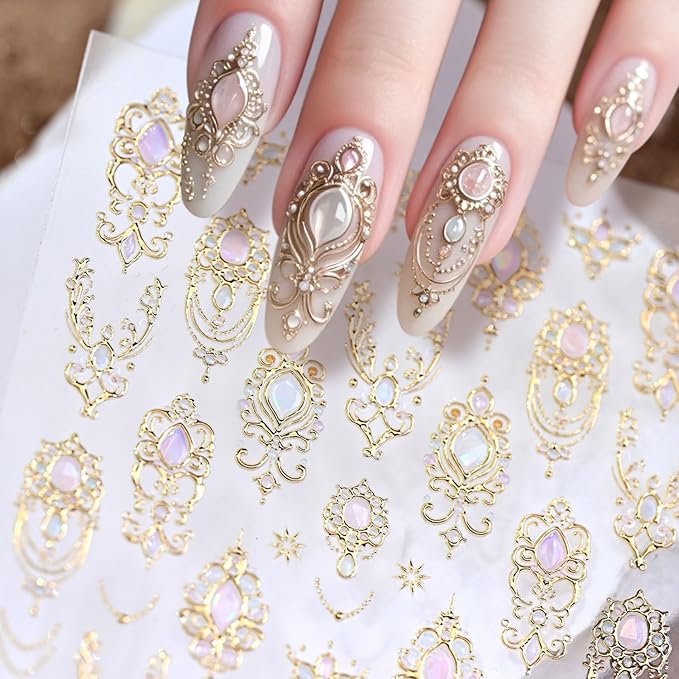 5D Embossed Gold Nail Stickers for Nail Art Gemstone Nail Art Stickers Vintage Gold Nail Decals Self Adhesive Nail Design Manicure Supplies Charm for Women Girls Nails Decorations